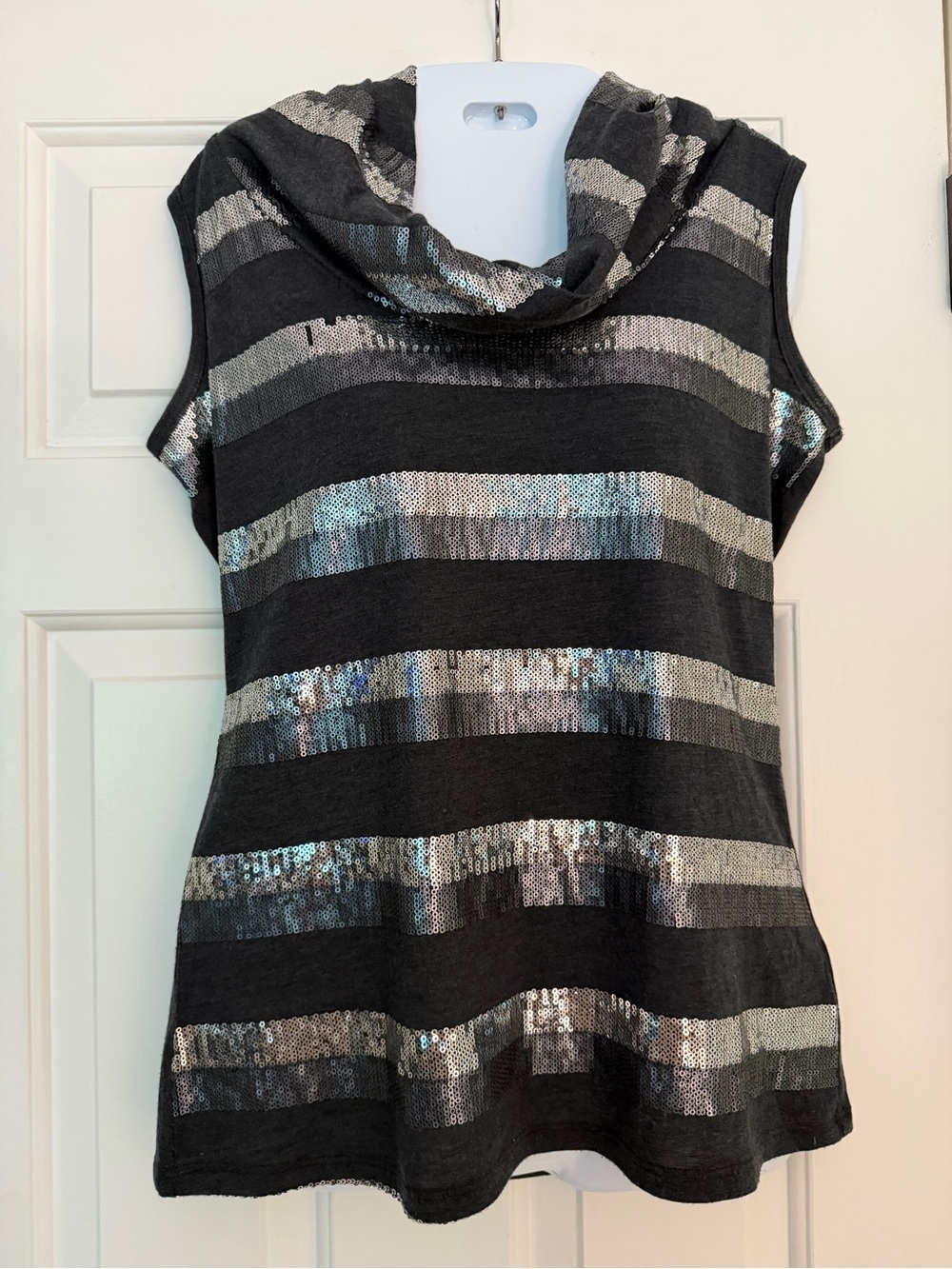 Roz & Ali Black Silver Sequin Stripe Cowl Neck Sleeveless Top S